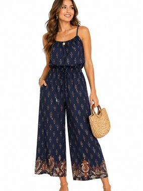 Band of Gypsies Navy Boho Jumpsuit Womens Medium Wide Leg Cropped Festival